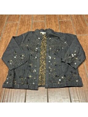 Coldwater Creek Sz PL Denim Jacket Floral Embroidered Sequin Charcoal